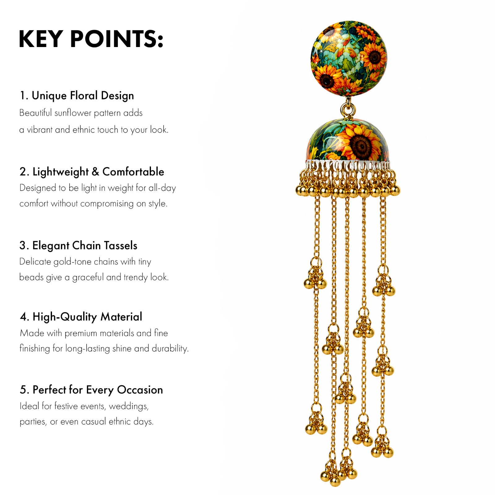 Traditional Kashmiri Printed Multicolor Floral Jhumka Earrings for Women | Long Chain Golden Ghungroo Earrings | Ethnic Traditional (pack of 1)