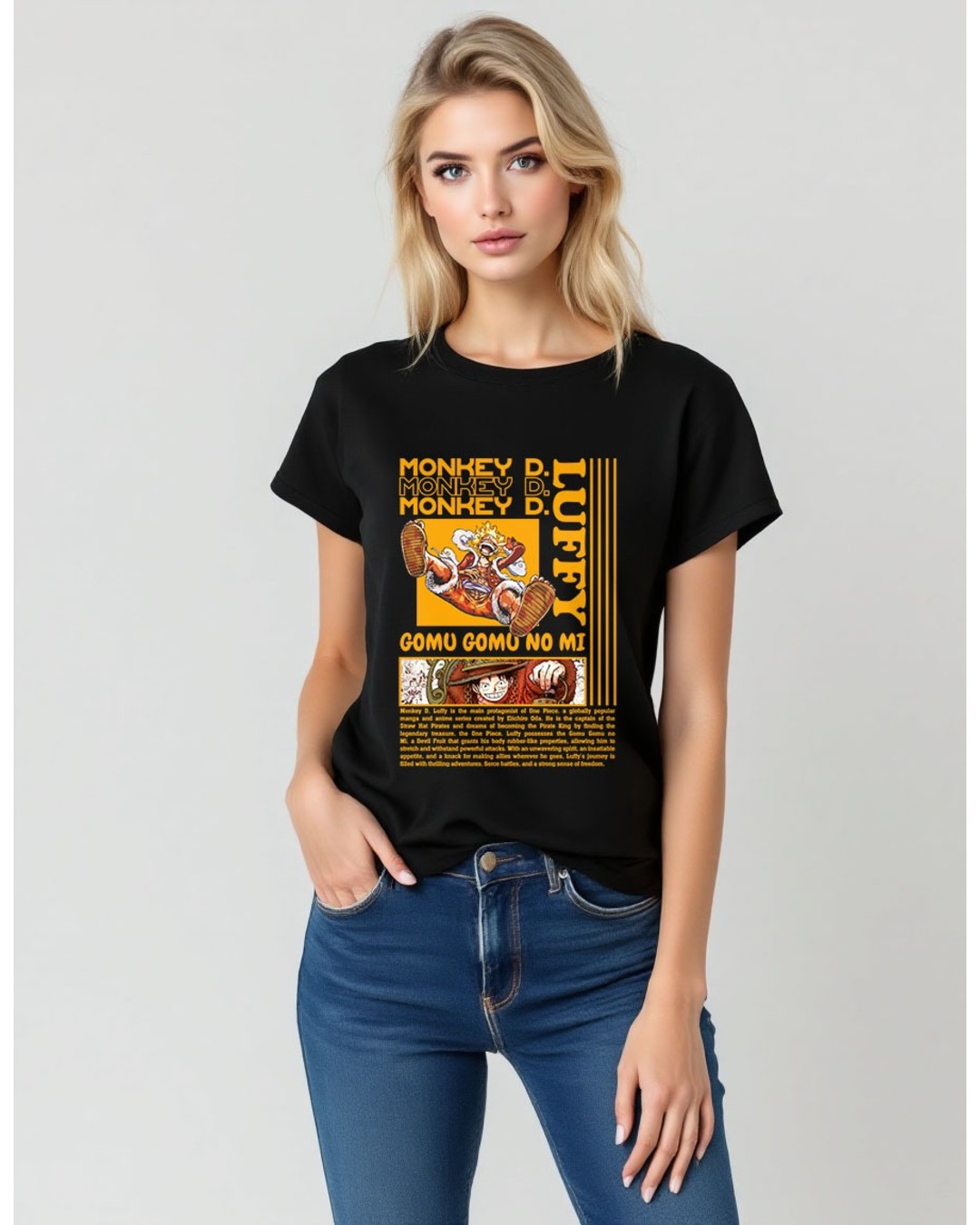 Women’s Black Anime Printed T-Shirt – Monkey D Luffy Graphic Tee(pack of 1)