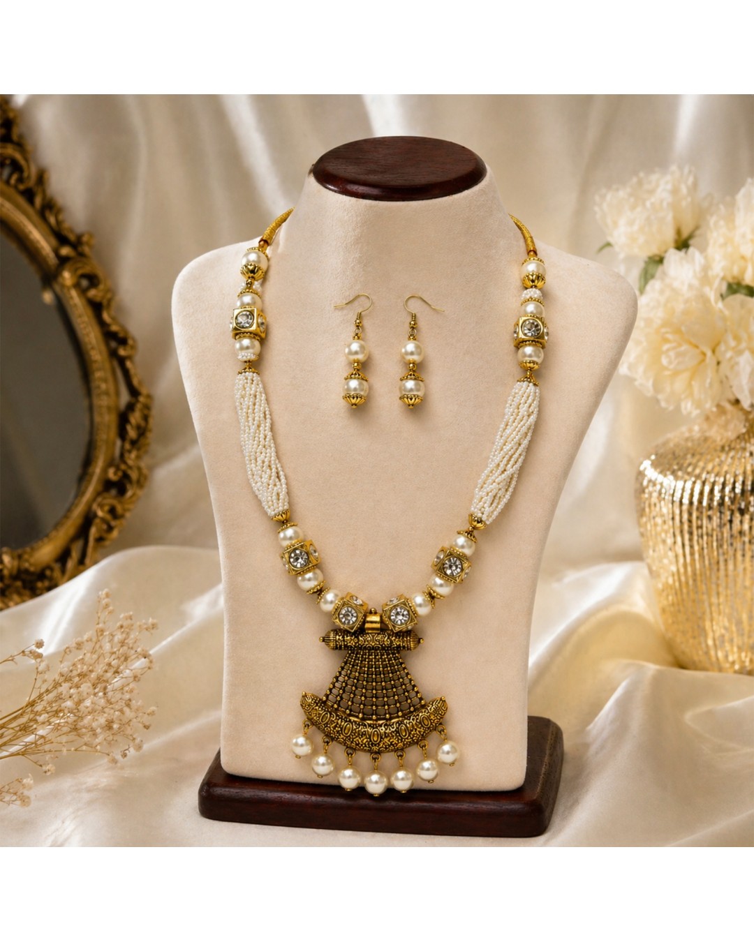 Royal Pearl Kundan Bridal Necklace Set with Antique Gold Pendant (pack of one)
