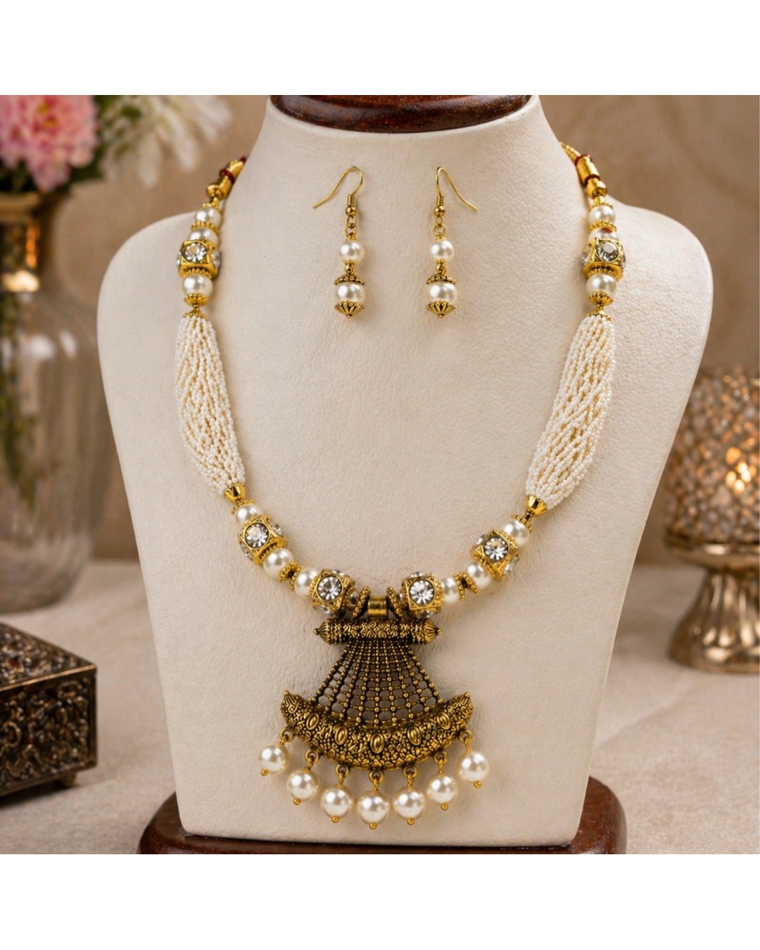 Royal Pearl Kundan Bridal Necklace Set with Antique Gold Pendant (pack of one)