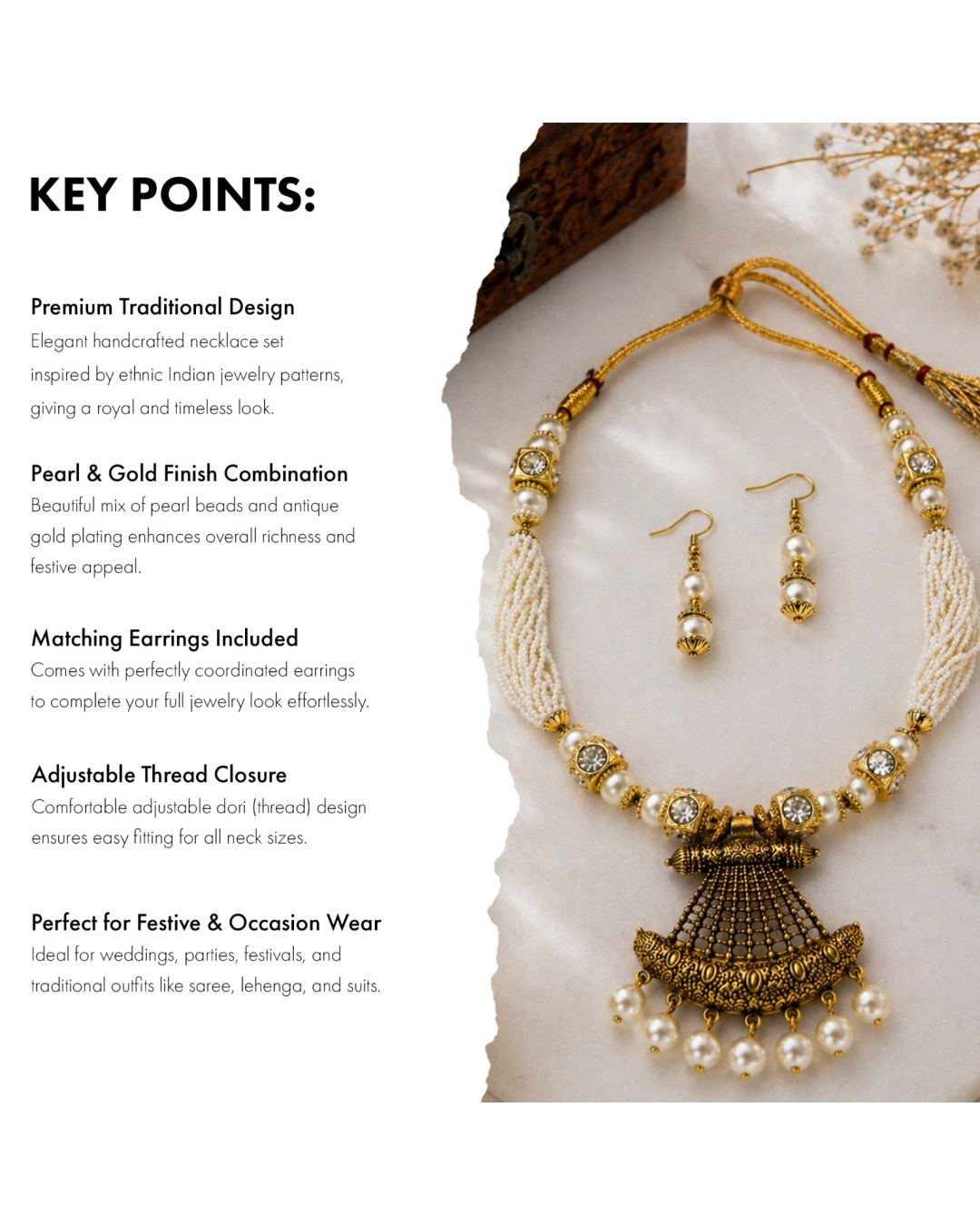 Royal Pearl Kundan Bridal Necklace Set with Antique Gold Pendant (pack of one)