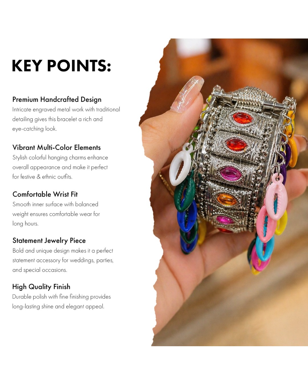 Oxidised Antique Style Bracelet, Multi-Colour Glass Stone Inlays, Metallic Beads (pack of one)
