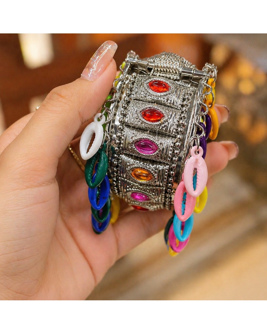 Oxidised Antique Style Bracelet, Multi-Colour Glass Stone Inlays, Metallic Beads (pack of one)