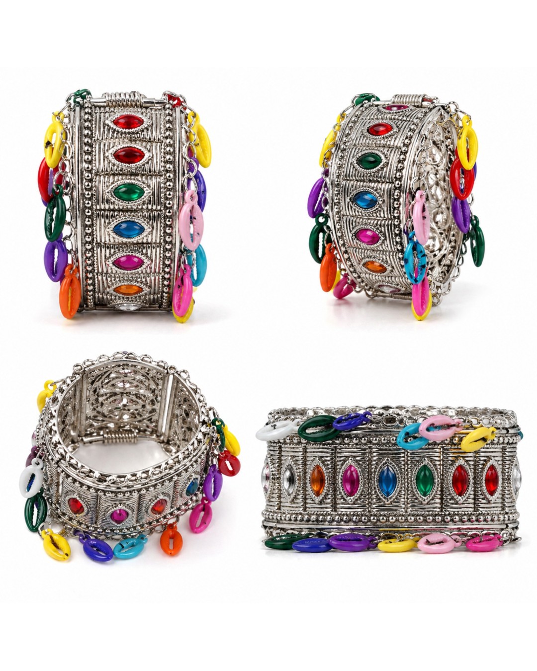 Oxidised Antique Style Bracelet, Multi-Colour Glass Stone Inlays, Metallic Beads (pack of one)