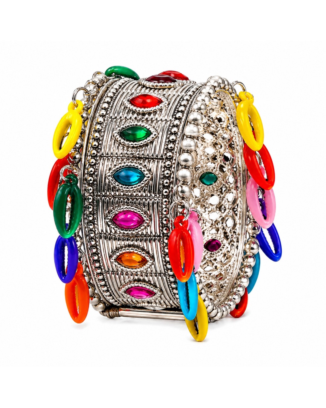 Oxidised Antique Style Bracelet, Multi-Colour Glass Stone Inlays, Metallic Beads (pack of one)