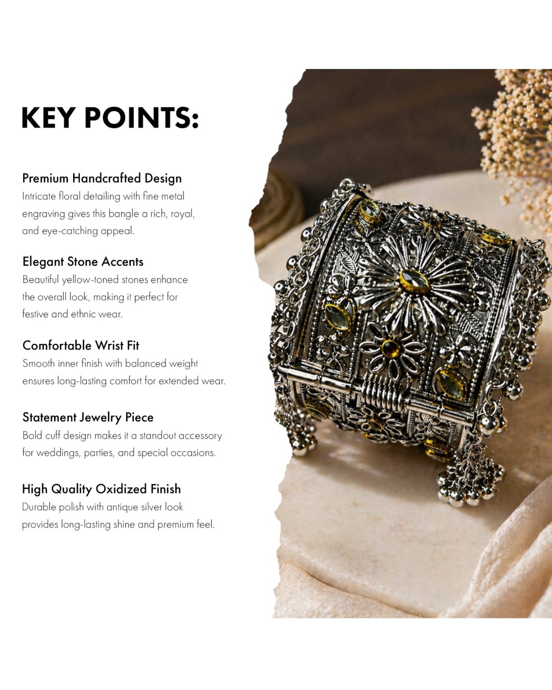 Royal Vintage Floral Oxidised Statement Kada Bangle (pack of  one)