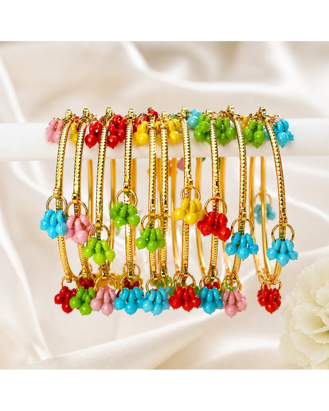 Gold Plated Multicolor Beaded Charm Bangles Set (pack of one)