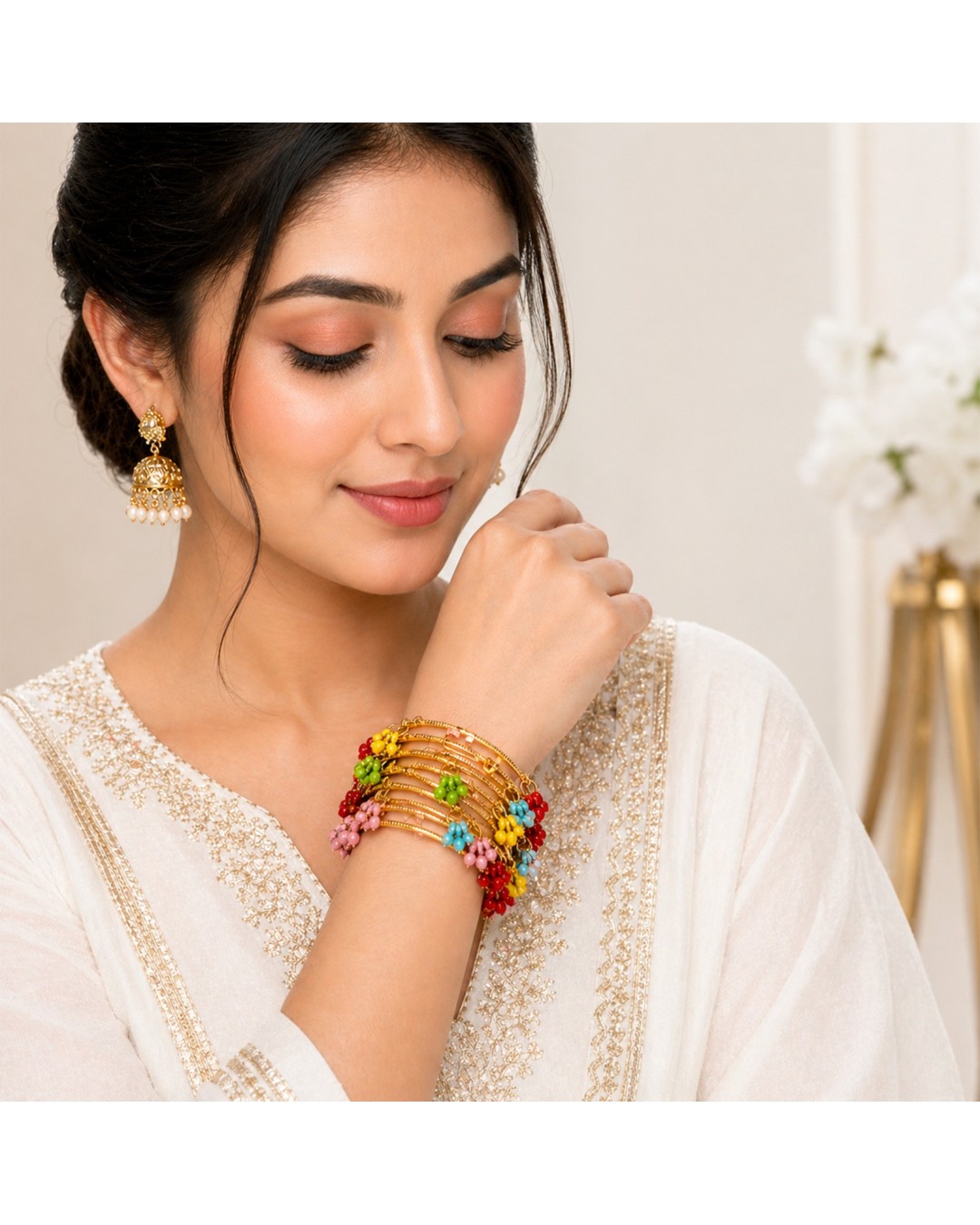 Gold Plated Multicolor Beaded Charm Bangles Set (pack of one)