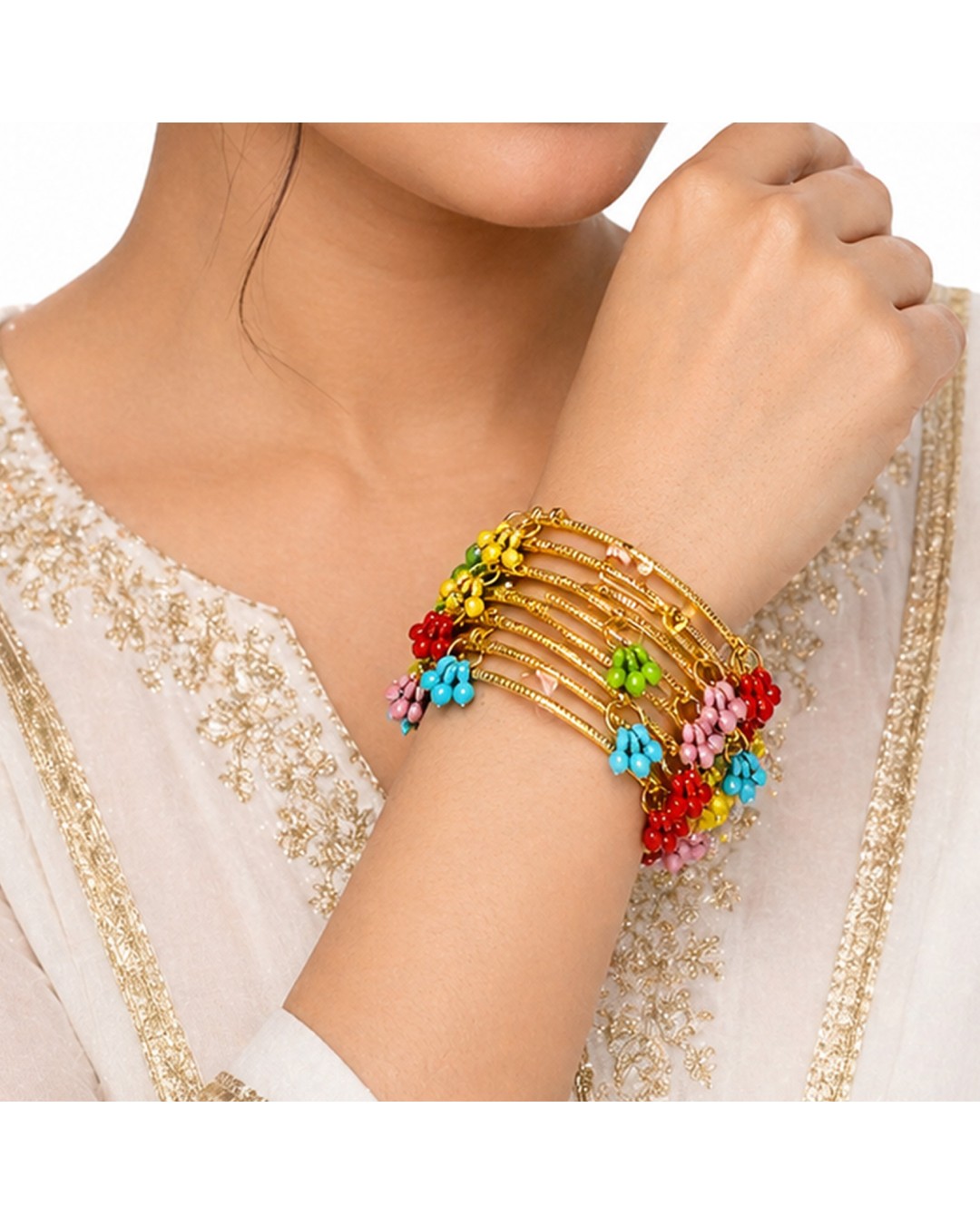 Gold Plated Multicolor Beaded Charm Bangles Set (pack of one)
