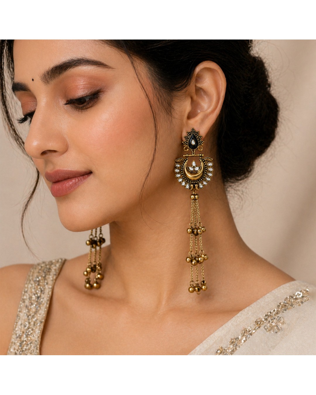 Antique Gold Plated Chandbali Long Chain Tassel Earrings (pack of one)