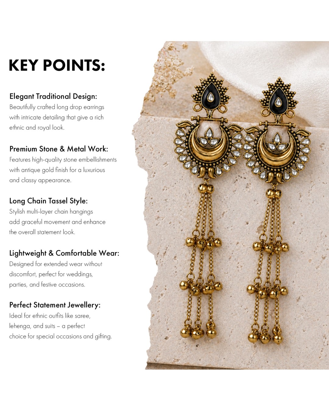 Antique Gold Plated Chandbali Long Chain Tassel Earrings (pack of one)