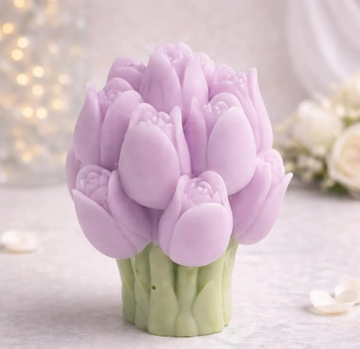 Decorative Tulip Bouquet Candle, Pink Flowers With Green Base (Pack Of 2)