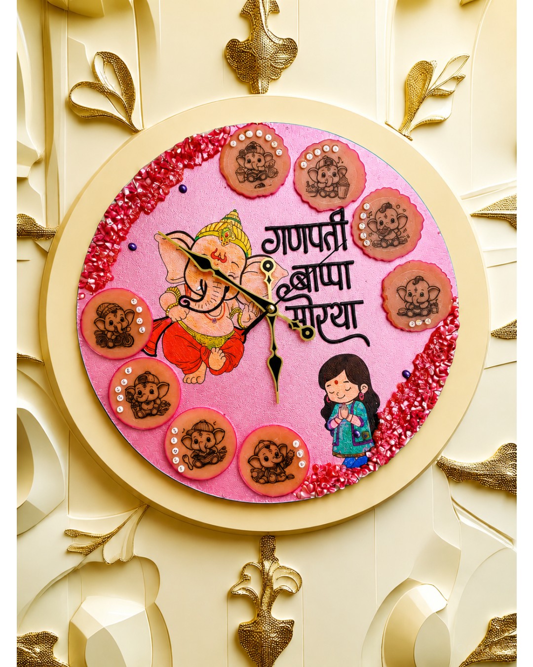 Premium Handmade Ganesha Wall Clock with Resin Crystal Touch (Pack of 1)