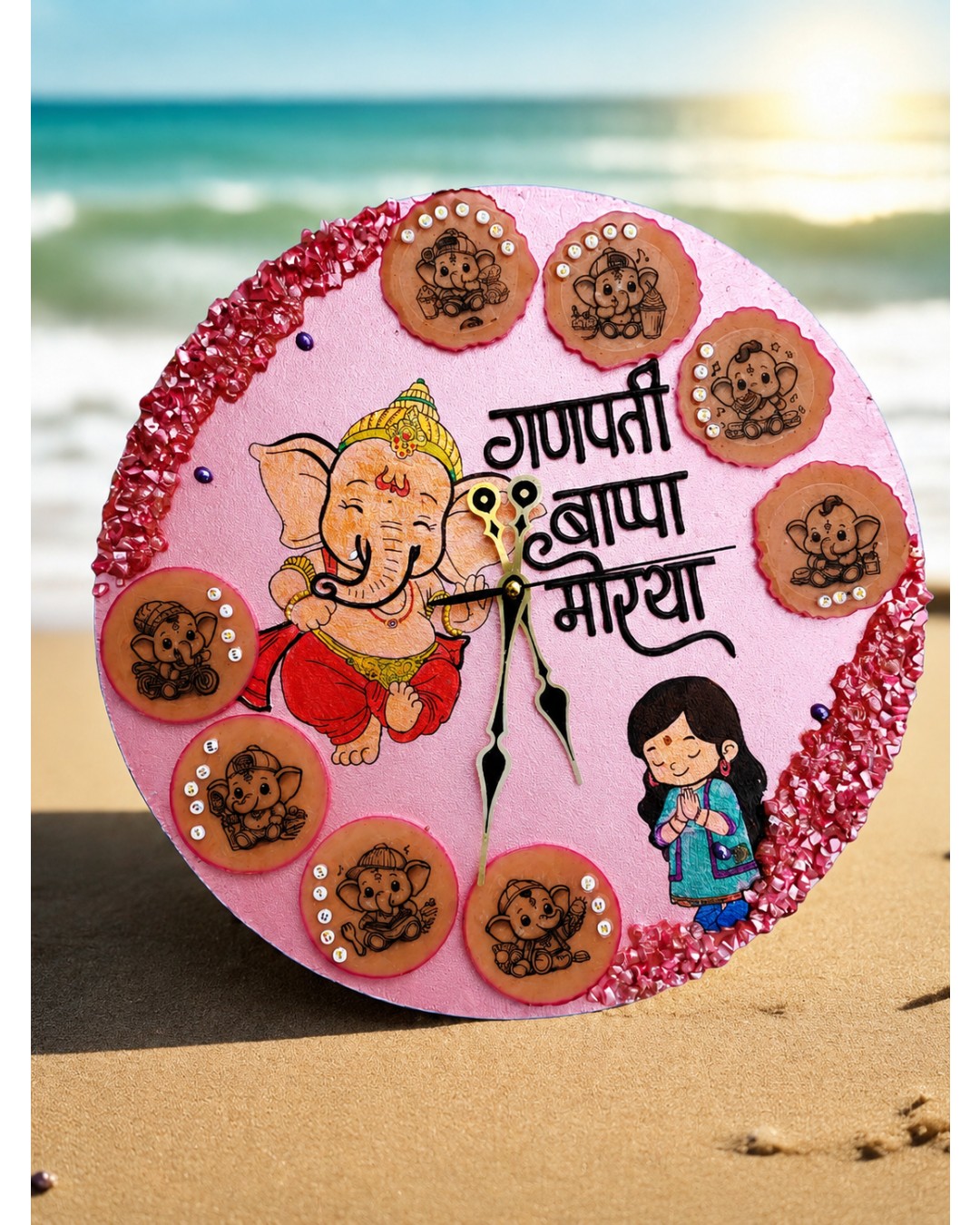 Premium Handmade Ganesha Wall Clock with Resin Crystal Touch (Pack of 1)