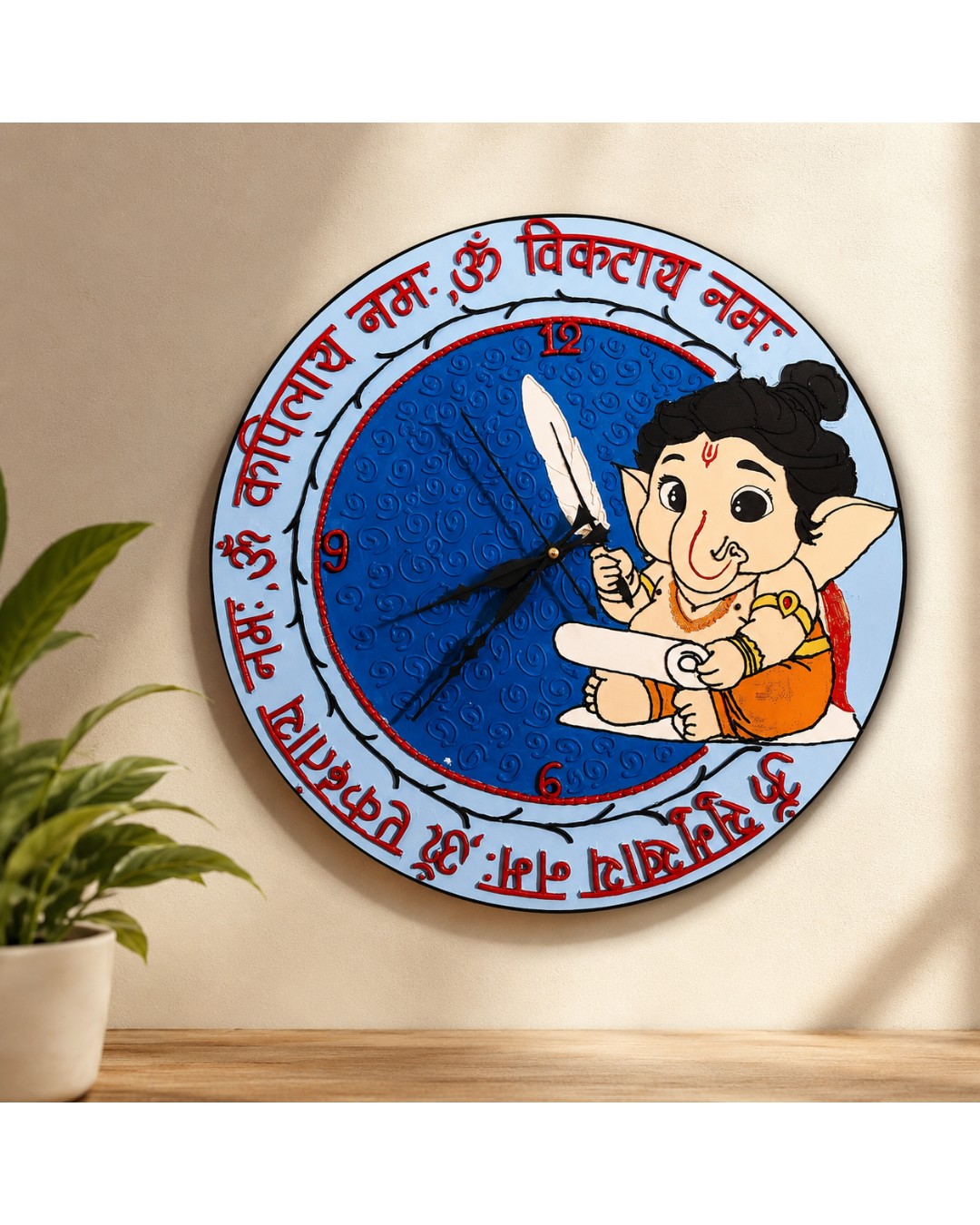 Baby Ganesha Sanskrit Mantra Designer Wall Clock | 40 CM Premium Handcrafted Decorative Clock for Home & Office (Packbof 1)