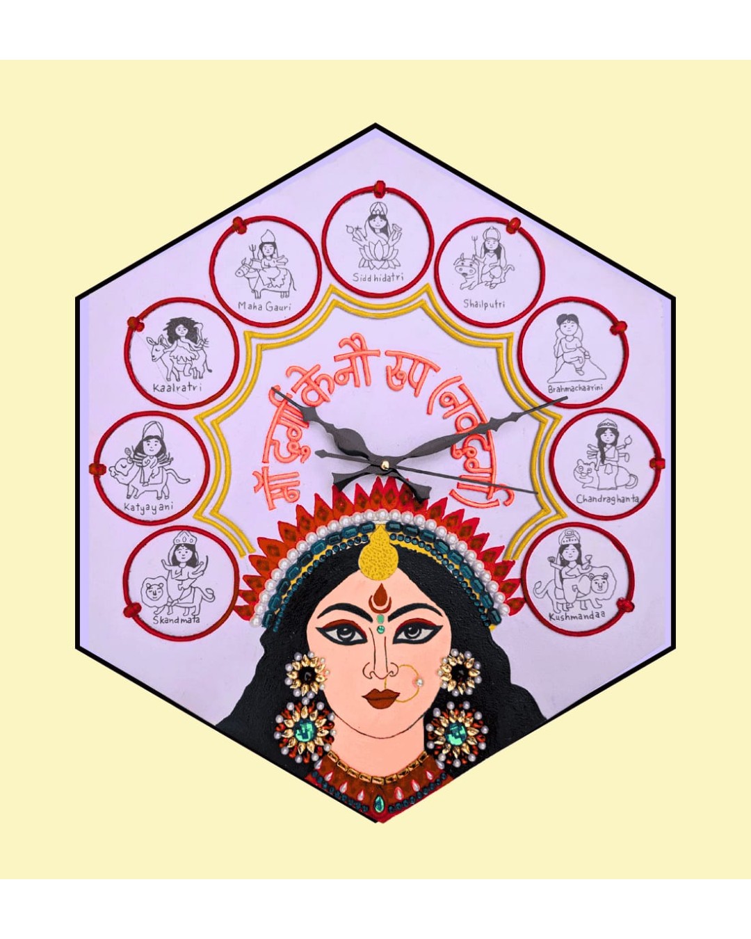 Handmade Navdurga Wall Clock – 40 cm Decorative Hexagon Wall Art for Home & Office (Pack Of 1)f