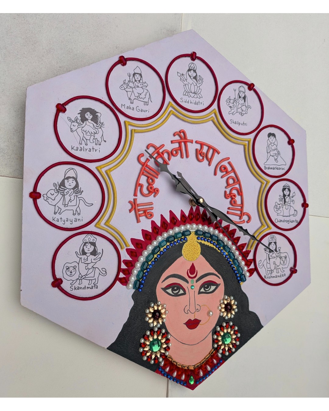 Handmade Navdurga Wall Clock – 40 cm Decorative Hexagon Wall Art for Home & Office (Pack Of 1)f