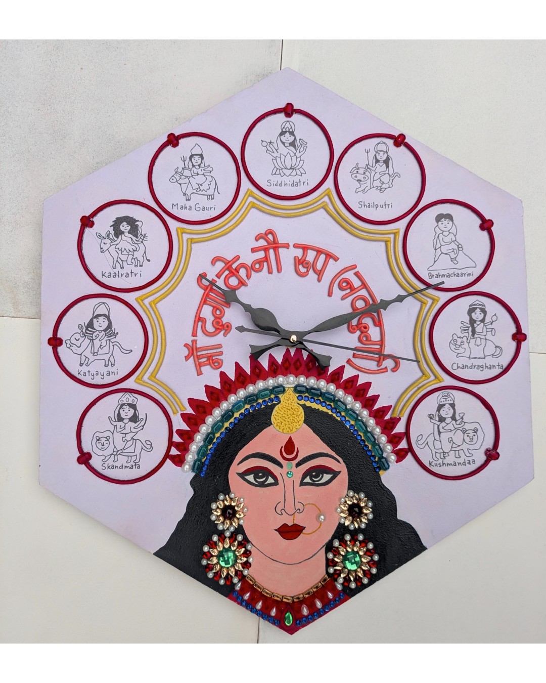 Handmade Navdurga Wall Clock – 40 cm Decorative Hexagon Wall Art for Home & Office (Pack Of 1)f