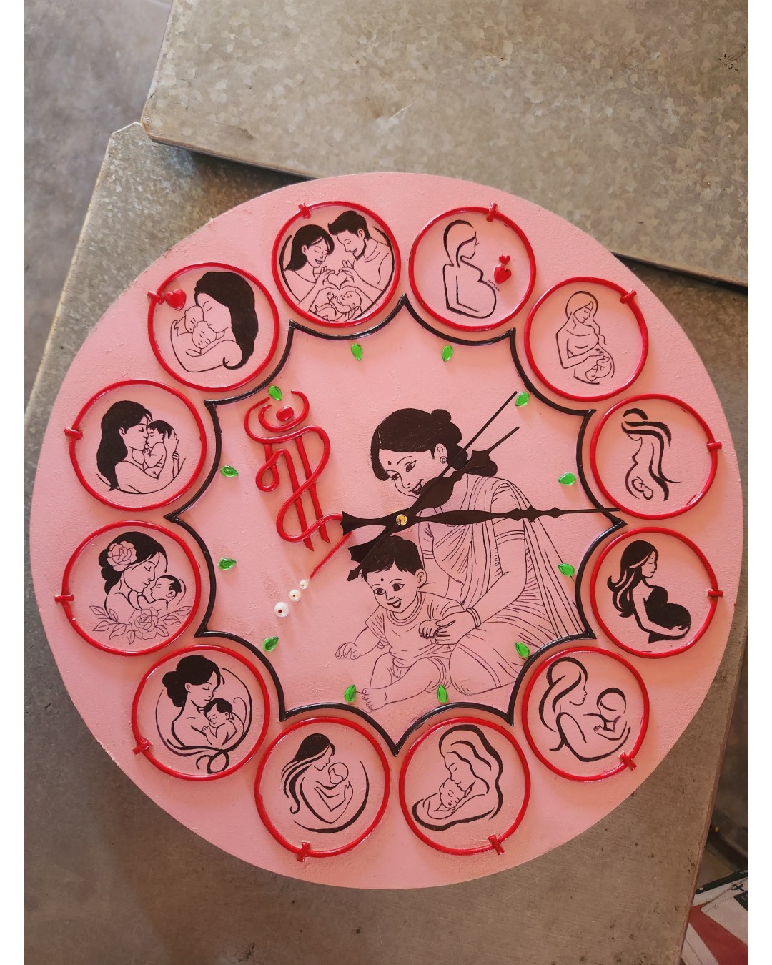 Handmade Mother & Baby Theme Wall Clock – 40 cm Decorative Designer Wall Clock for Home Décor