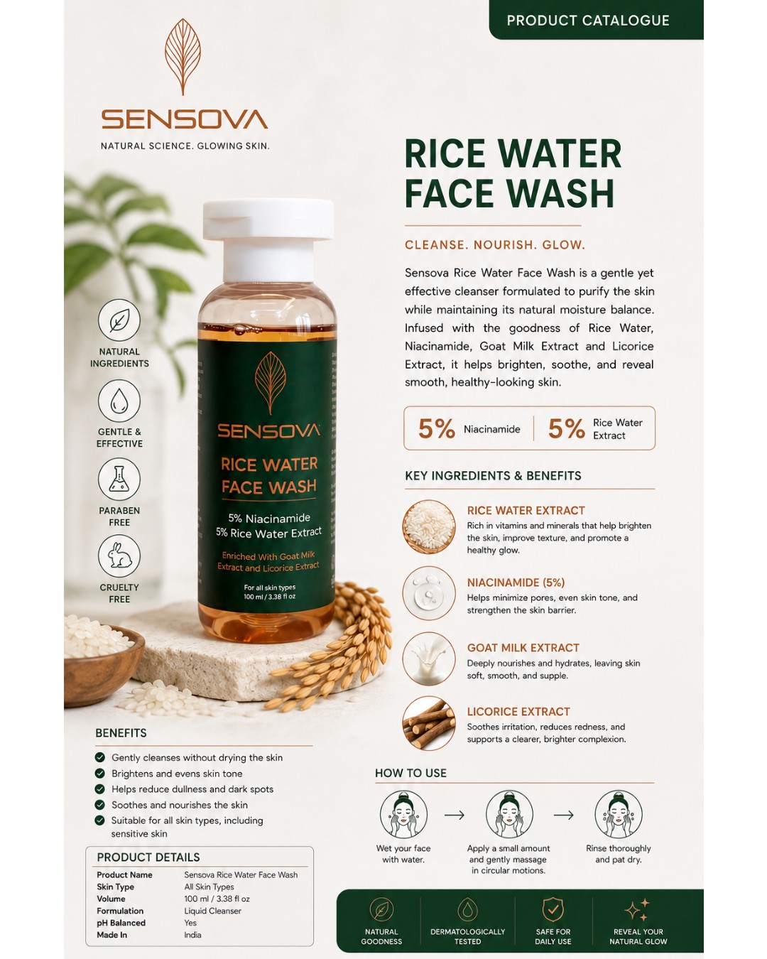 Sensova Rice Water Face Wash with 5% Niacinamide & Goat Milk Extract | Deep Cleansing & Brightening Face Cleanser | 100ml (Pack of 1)