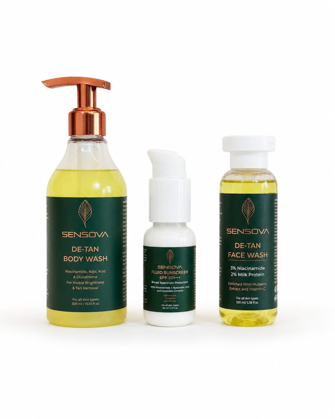 Sensova De-Tan Skincare Combo Pack – Face Wash, Body Wash & SPF 50+ Sunscreen