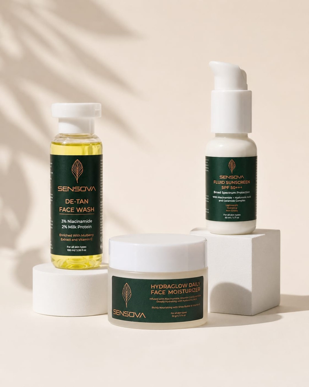 Sensova Daily Glow Skincare Combo Pack – De-Tan Face Wash, Hydraglow Moisturizer & SPF 50+ Sunscreen