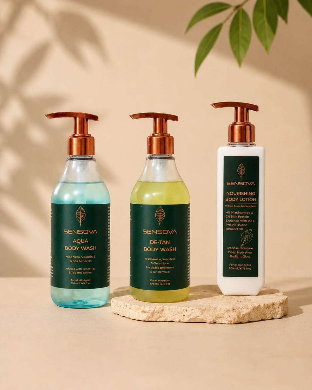 Sensova Premium Body Care Combo Pack – Aqua Body Wash, De-Tan Body Wash & Nourishing Body Lotion